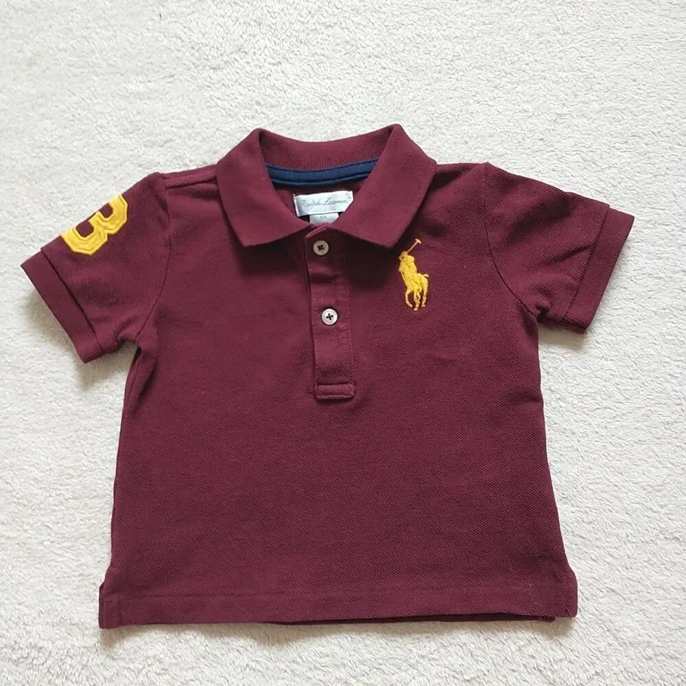 Ralph Lauren Polo Shirt Baby Boy 6M Red Burgundy Big Yellow Pony 3 Preppy